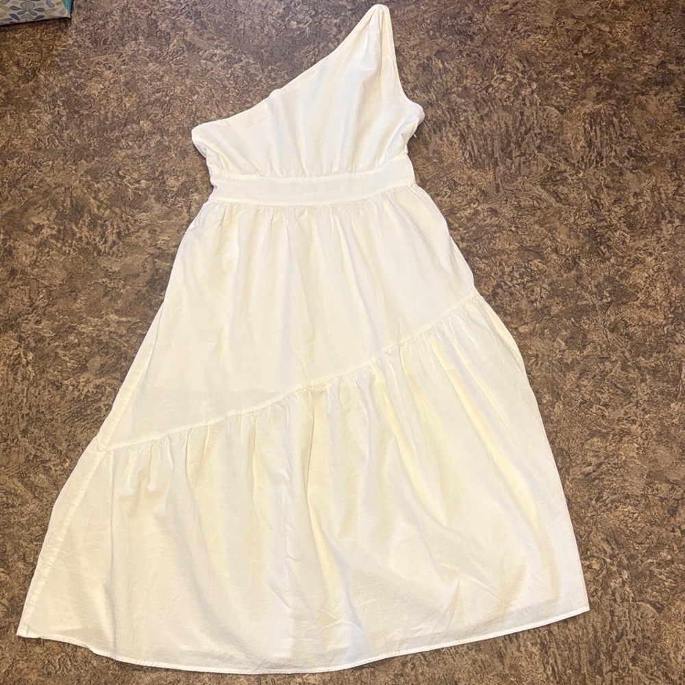 545 one shoulder white cotton midi dress L